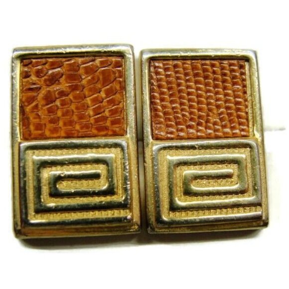 Gold Tone Cufflinks Lizard Leather Inserts Speidel Vintage Cuff Links Tux Shirt - Picture 5 of 11